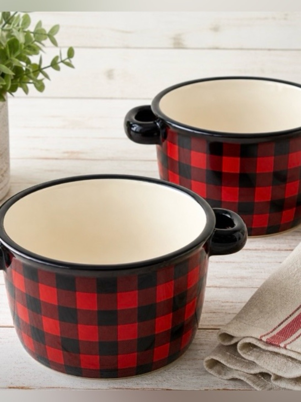 Robert Stanley Buffalo Plaid Check Soup Crock Bowls Set of 2 Red Black Ceramic